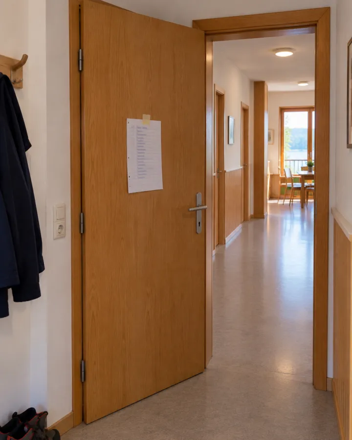 Eine handgeschriebene Liste klebt mit Kreppband an einer Zimmertür aus Holz; daneben hängt eine Jacke am Haken, am Boden stehen Wanderschuhe, hinten führt ein heller Flur zu einem Fenster.